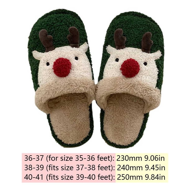 Pantuflas De Interior Peludas Zapatillas navideñas de piel esponjosa Alce de dibujos animados Lindos artículos para el hogar (Verde38-39)