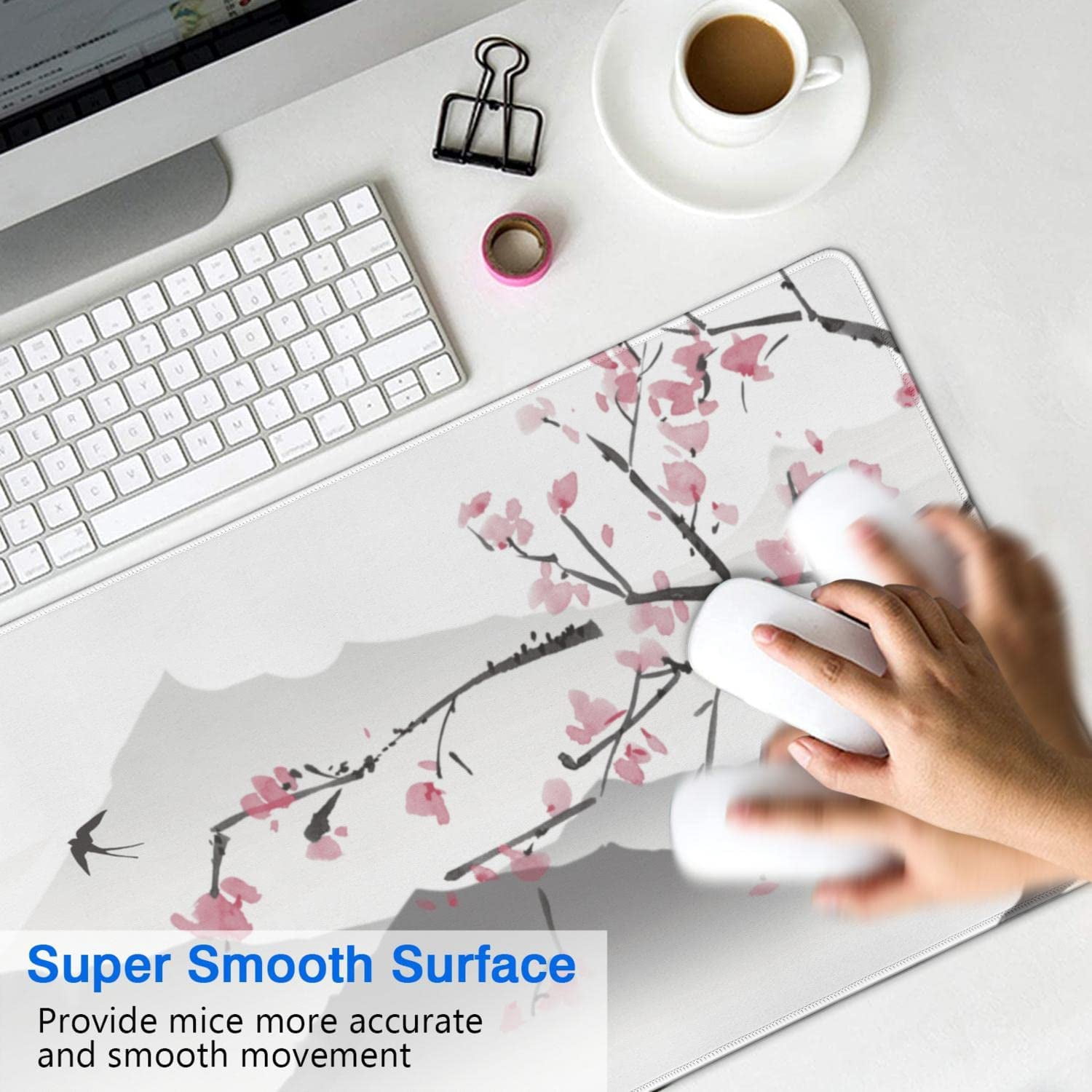 White Cherry Blossom Mouse Pad Japanese Extended Gaming Mouse Pad (35.4x15.7 in) Large Non-Slip Rubber Base Desk Protector with Stitched Edges Sakura Full Desk Mousepad XXXL