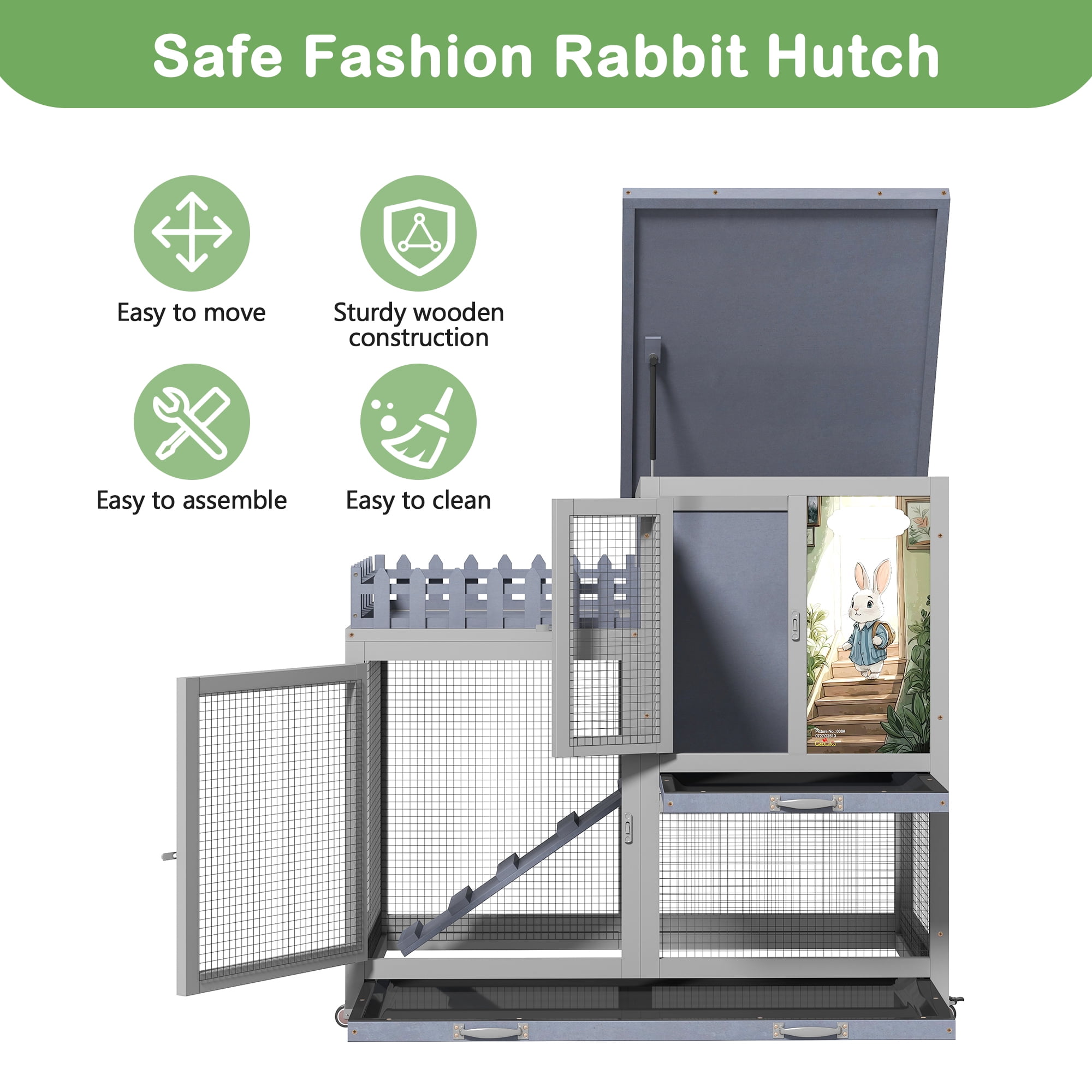 Coziwow Wooden 38inches Rabbit Hutch Bunny Cage Small Animal House with Wheels Indoor&Outdoor, Gray