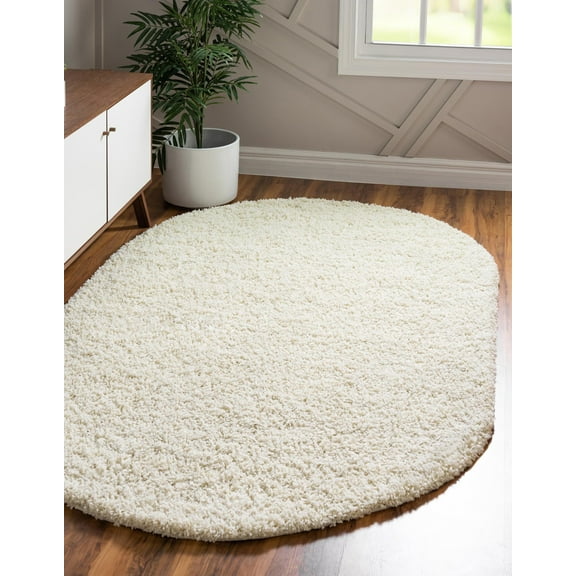 Rugs.com Solid Shag Collection Rug – 8' x 10' Oval Pure Ivory Shag Rug Perfect For Living Rooms, Large Dining Rooms, Open Floorplans