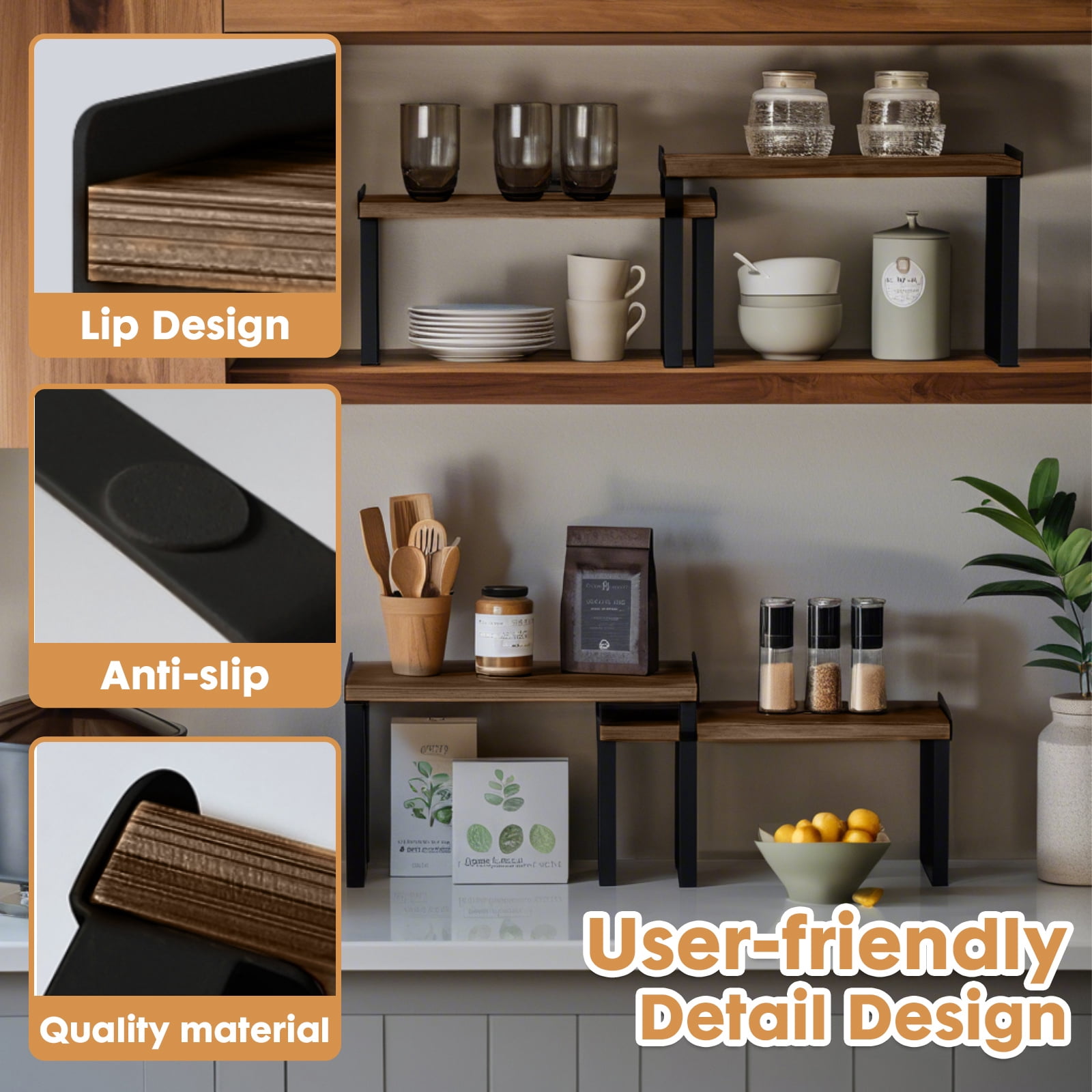 YOYTOO Kitchen Counter Organizer, 2 Pack Wooden Stackable Kitchen Countertop Cabinet Storage Shelves Spice Rack for Pantry