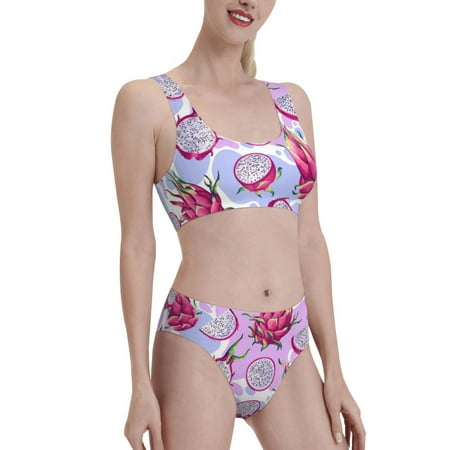 Uemuo Dragon Fruit Printed Women s High Waisted Bikini Sets Sporty Two Piece Swimsuits Color Block Cheeky High Cut Bathing Suits-X-Large