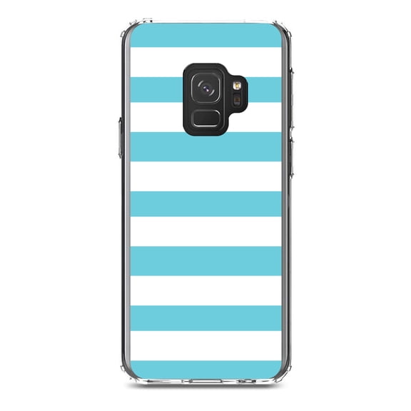 DistinctInk Clear Shockproof Hybrid Case for Samsung Galaxy S9 (5.8" Screen) - TPU Bumper, Acrylic Back, Tempered Glass Screen Protector - Blue & White Bold Horizontal Stripes
