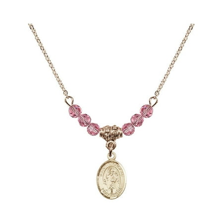 Saint Nicholas Medal 18-Inch Hamilton Gold Plated Necklace with 4mm Rose Pink October Birth Month Stone Beads and Saint Nicholas Charm ()