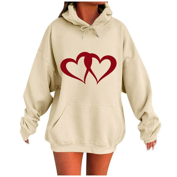 Women's Fall Fashion Hoodies Hooded Sweatshirts Casual Loose Heart Printed Outdoor Hoody Jackets Round Neck Long Sleeve Hoodie Pullover Winter Outwears with Pocket