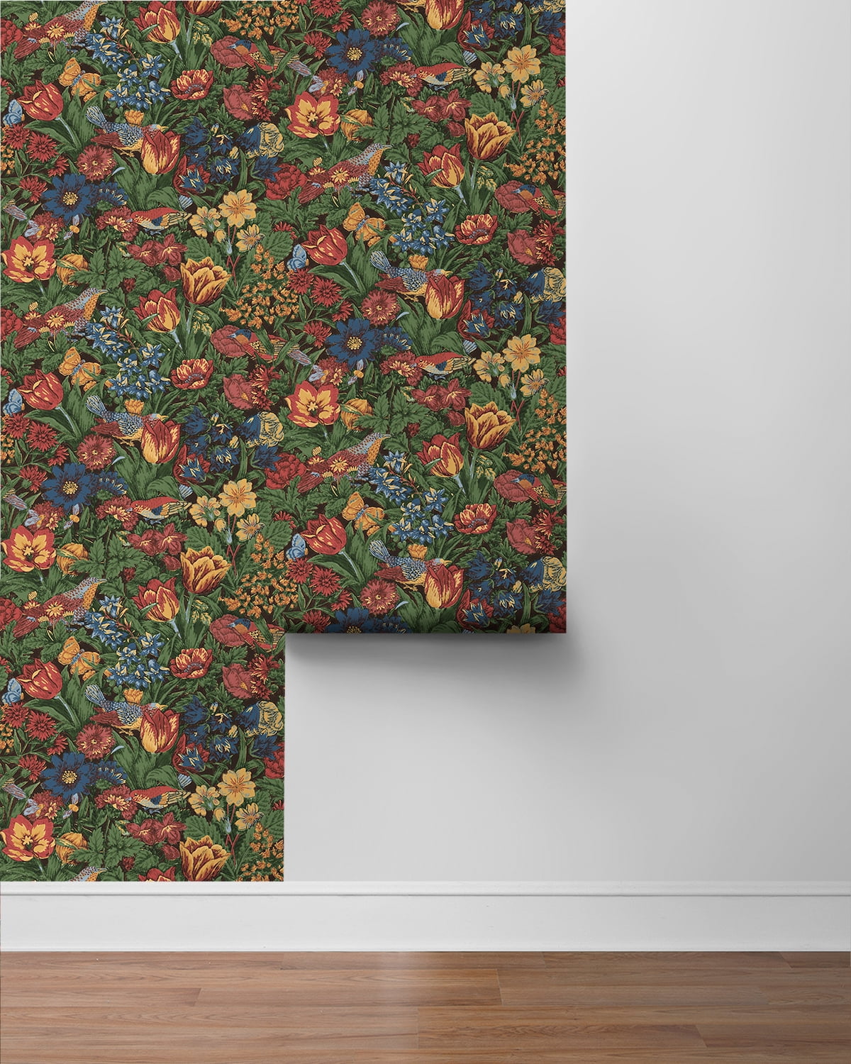 NextWall  Bird Floral Peel and Stick Wallpaper 20.5 in. W x 18 ft. L - Carmine & Blue Lagoon