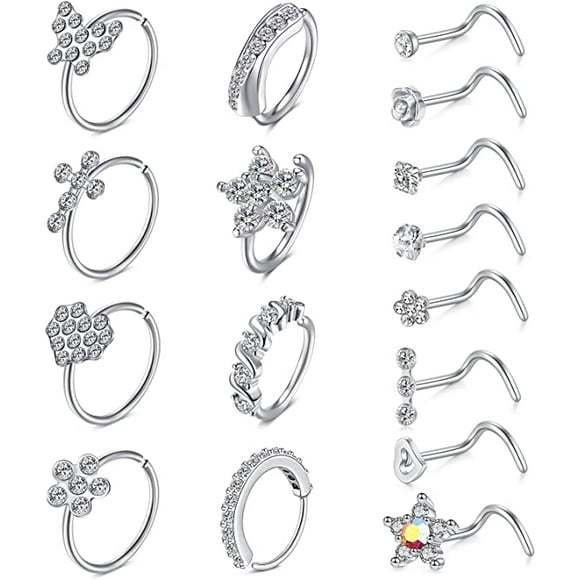vcmart Nose Rings for Women 20g Nose Ring Surgical Steel Nose Rings Piercing Screw Nose Studs Corkscrew Nose Rings L Shaped Nose Rings Studs Nose Piercings Jewelry Diamond Nostril Jewelry