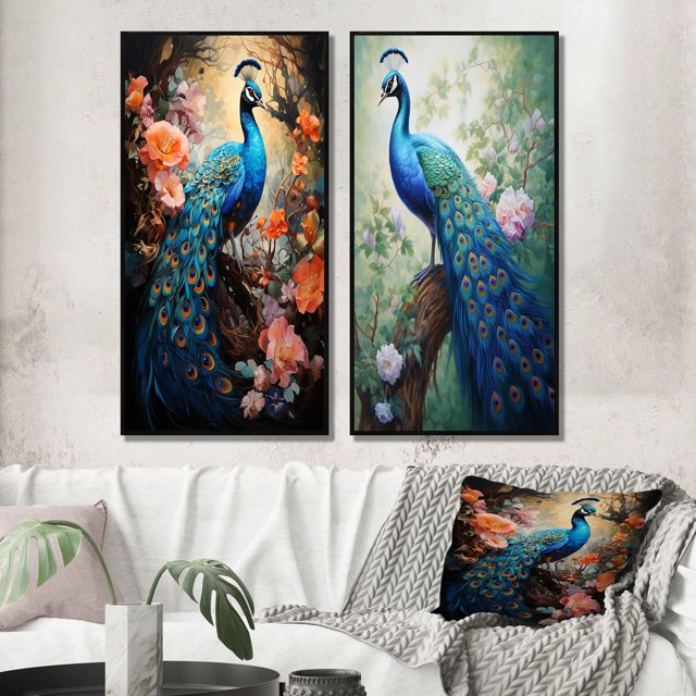Designart "Luminous Peacock" Peacock Framed Wall Art Set Of 2 - Blue Animals Framed Canvas Set For Living Room Decor
