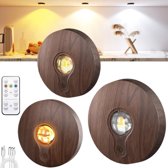 Rechargeable Puck Lights with Remote Control,2000mAh High Capacity Battery Operated LED Under Cabinet Lighting,Dimmable Tap Stick On& Wireless Closet Light for Kitchen Counter (Dark wood-CCT, 3)