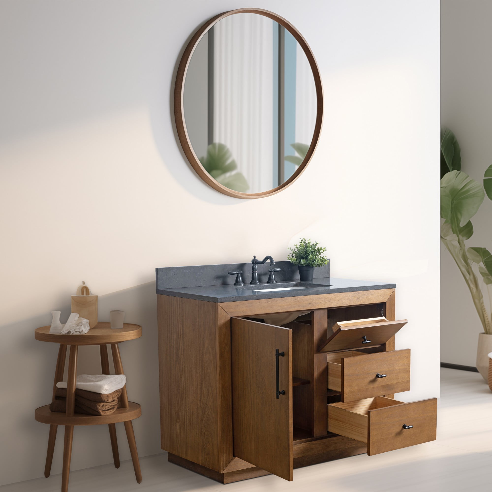 Vanity Art 42" Single Bathroom Vanity with Sink, Freestanding Bath Storage Cabinet with Black Limestone Top