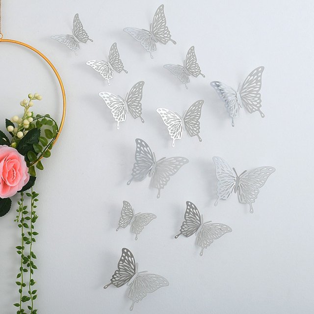 Decoración de pared con mariposas, espejo de bricolaje, pegatinas de mariposas 3D, calcomanías de mariposas extraíbles para el hogar, dormitorio, baño, sala de estar (mariposa, plata)