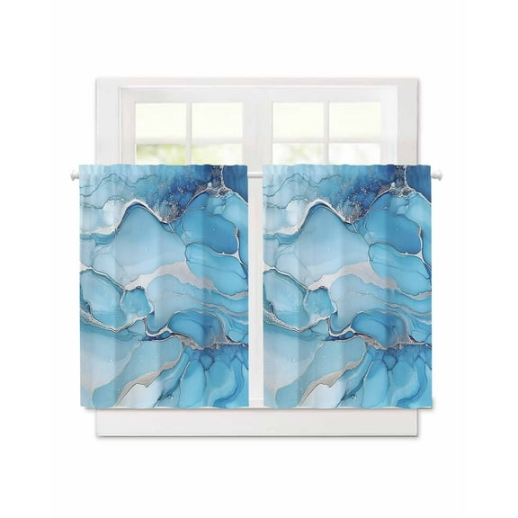 Blue Marble Short Blackout Curtains 45 Inch Long Modern Abstract Art Blue Gradient Rod Pocket Kitchen Curtains, 2 Panels Thermal Insulated Room Darkening Drapes for Bedroom, 30"W x 45"L