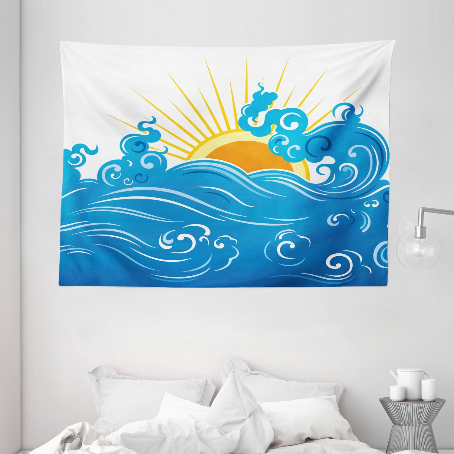 Abstract Tapestry, Curved Ocean Waves with Sun Rising with Vibrant