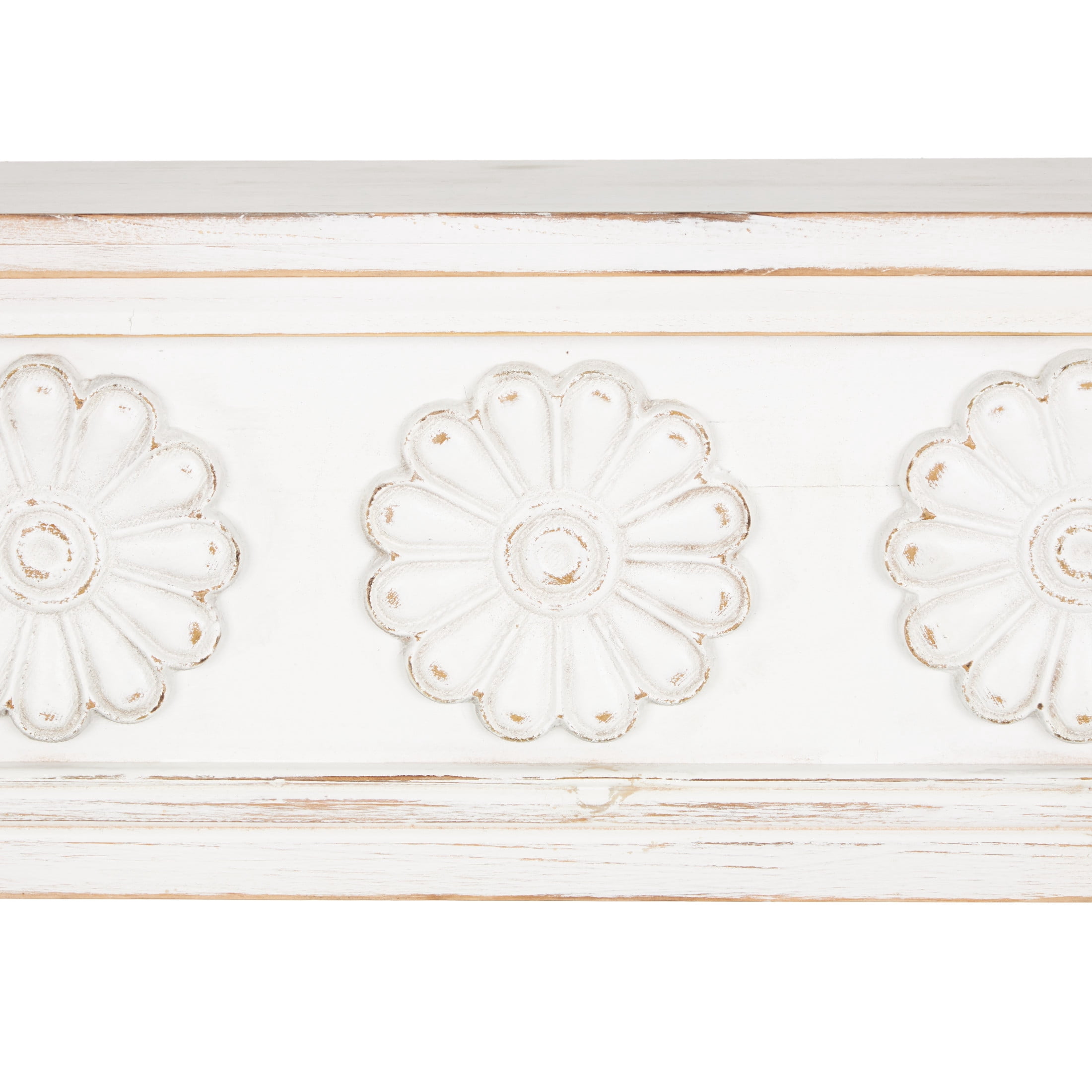 DecMode 60" x 8" 1-Tier White Floral Wall Shelf with Brown Distressing