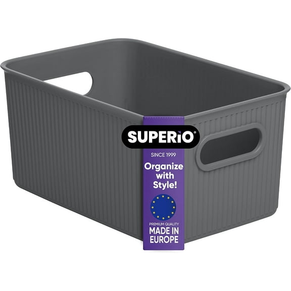 Decorative Plastic Open Home Storage Bins Organizer Baskets, Medium Grey (1 Pack) Container Boxes for Organizing Closet Shelves Drawer Shelf - Ribbed Collection 5 Liter