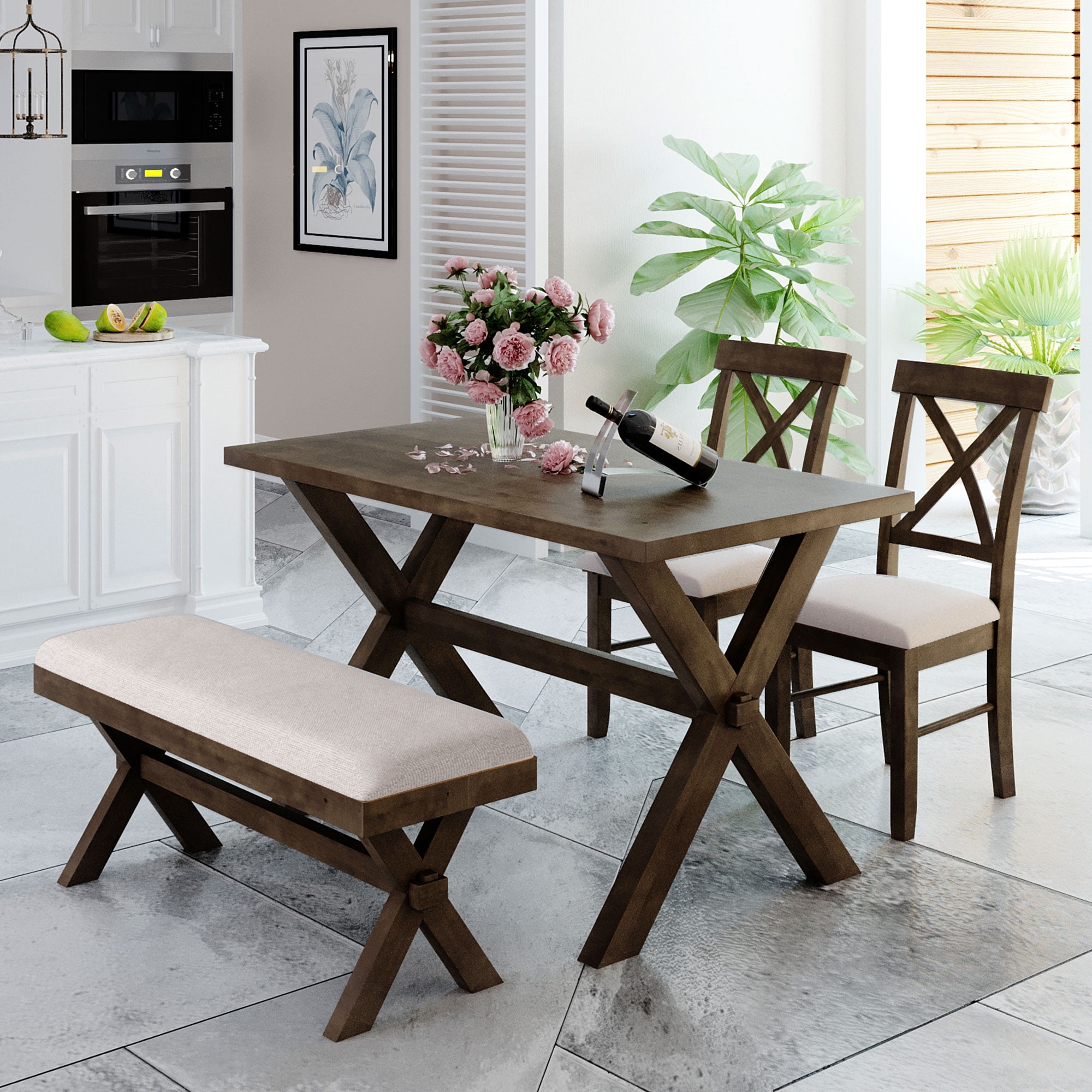 4 Pieces Farmhouse Rustic Wood Kitchen Dining Table Set with ...