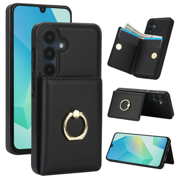 Wallet Case with Card Holder for Samsung Galaxy A16 5G, 360° Rotation Ring Kickstand Magnetic Clasp and Durable Shockproof Cover