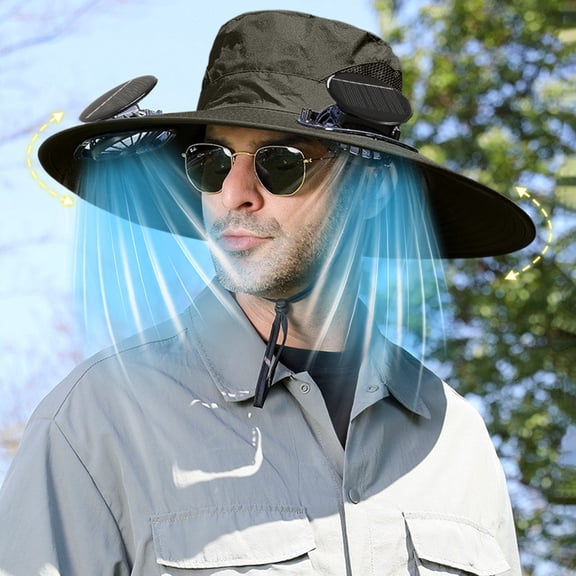 HOZVOMI Cool Fan Hat, Adjustable Wide Sun Hat with 2 Rechargeable Fans, Breathable Outdoor Hat for Camping Beach Summer