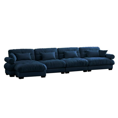 Modern Velvet L-Shaped Sectional Cloud Sofa, Convertible Deep 4-Seater Modular Couch with Pillows, Blue