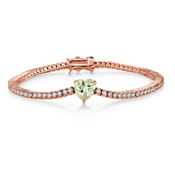 Gem Stone King 18K Rose Gold Plated Silver Green Prasiolite and White Moissanite Tennis Bracelet for Women (4.68 Cttw, Gemstone Birthstone, Heart Shape 8MM, 7.25 inch)