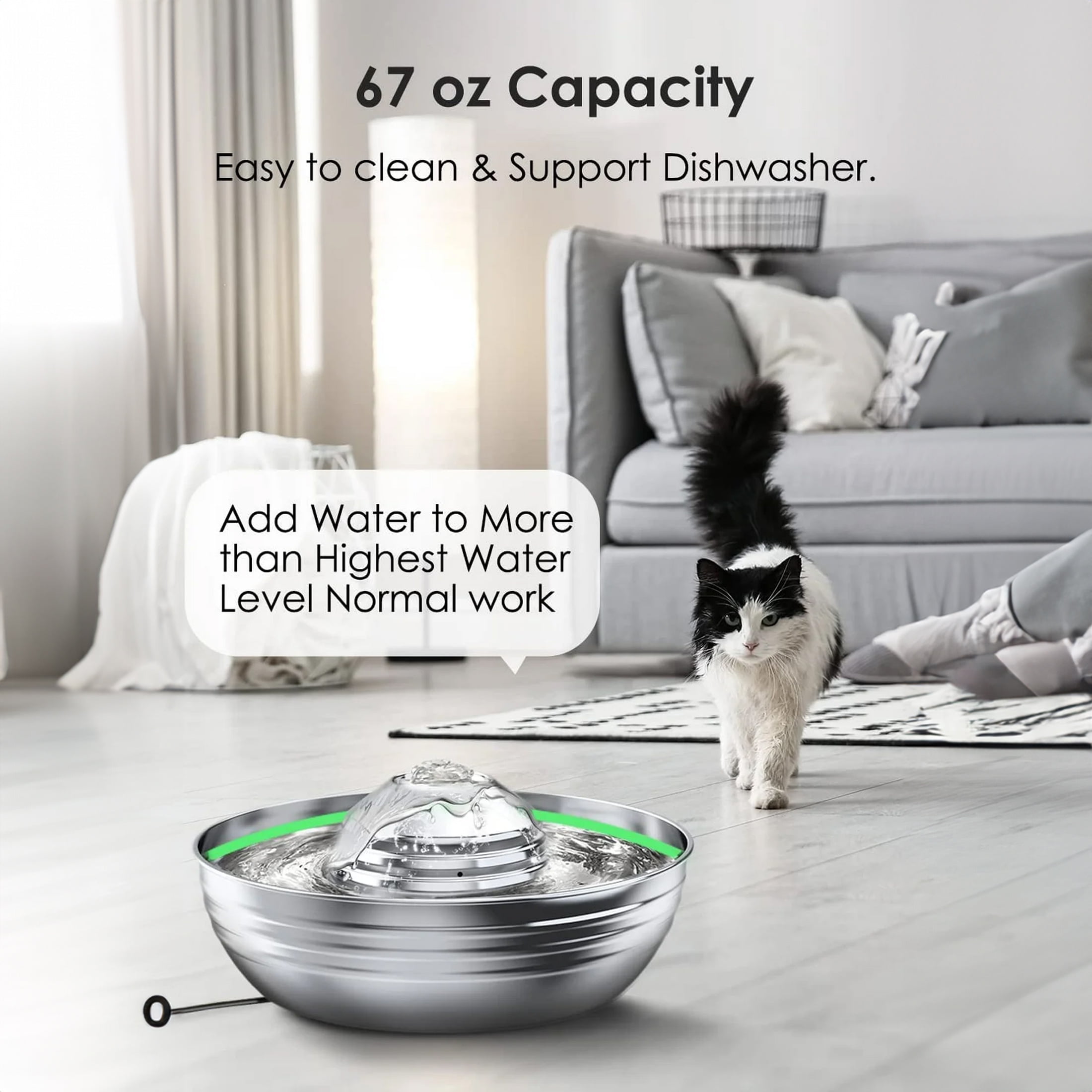Oneisall CW-03 Cat Water Fountain 304 Stainless Steel, 2L/68oz Quiet Cat Fountain for Cats Drinking, Dual Filtration Cat Water Bowl for Kittens, Silver