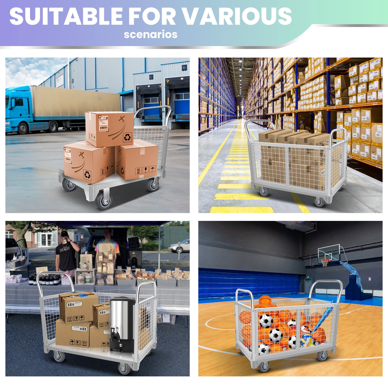 Platform Truck Cart with Cage, 40.1" L X 23.2" W X 19.6" H, 2200 LBS Load Capacity, Hand Truck with 4 Durable Universal Wheels, Alloy Steel Push Cart for Moving, Kitchen, Backyard, Farm