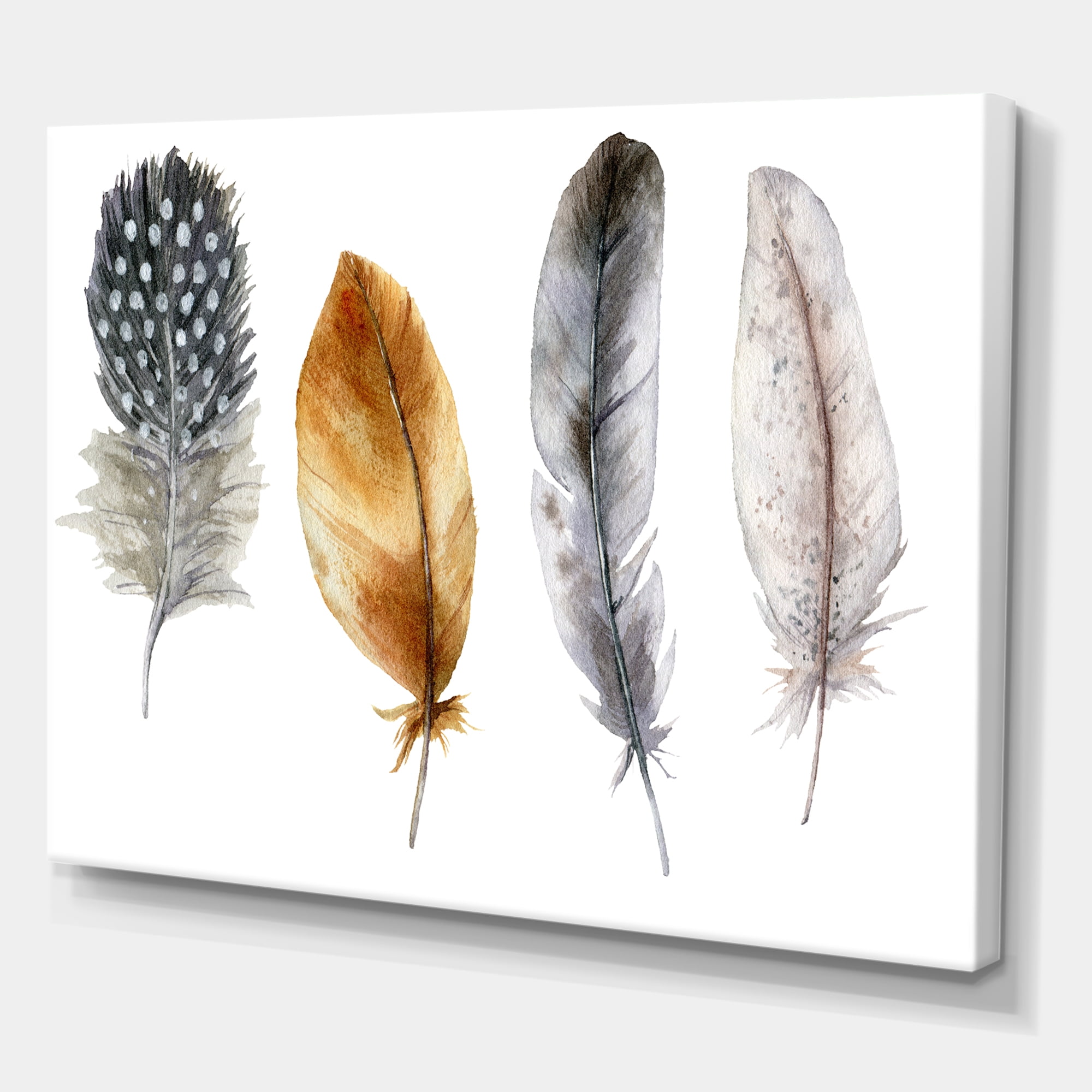 Designart ' Boho Feather In Blue and Orange Striped & Polka Dost ' Bohemian & Eclectic Canvas Wall Art Print