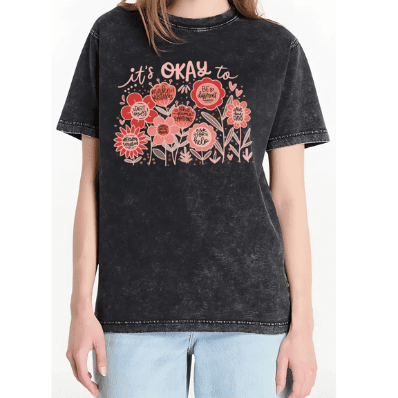 Cozymy Women's It's Okay to Floral Mental Health Wash Casual Crew Neck Short Sleeve T-Shirt Top