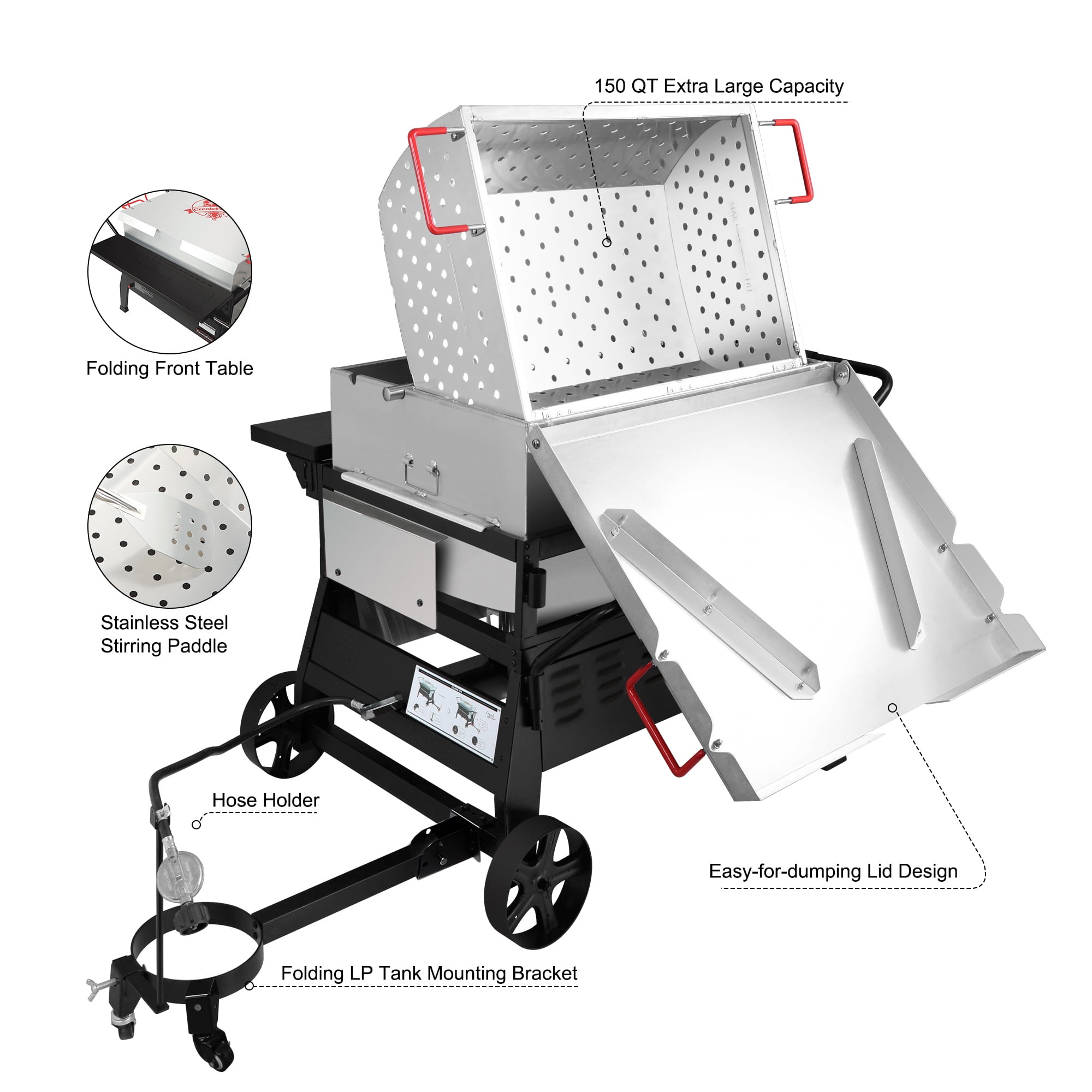 Creole Feast CFB2001, 150-Quart Double Sack Crawfish Boiler, Outdoor Stove Gas Cooker with Folding Cylinder Mounting Bracket and Stirring Paddle,Black