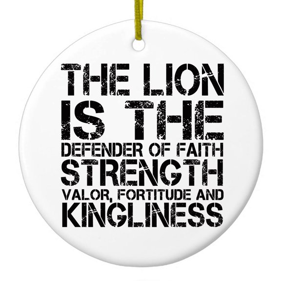 DistinctInk Hanging Ceramic Christmass Tree Ornament with Gold String - Great Gift / Present - 2 3/4 inch diameter - Lion - Strength Valor Fortitude Kingliness