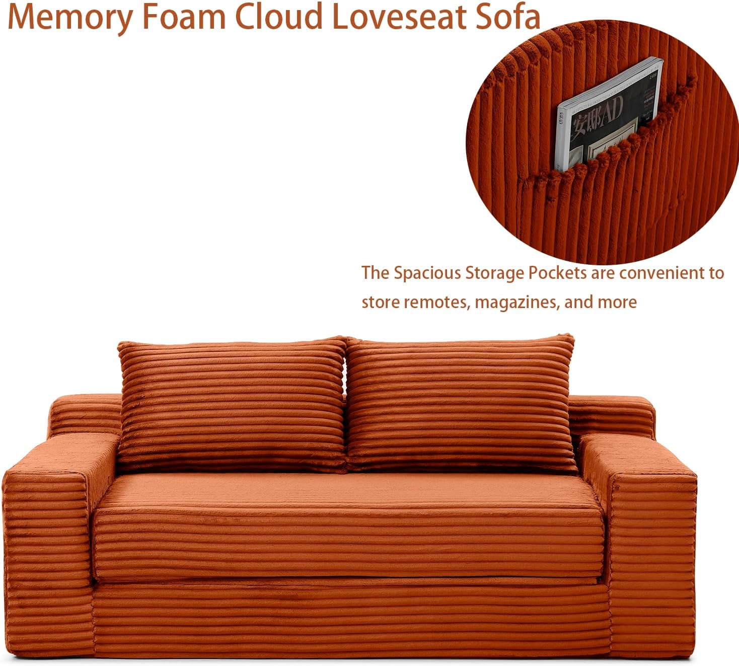 73" 2-in-1 Convertible Sofa Bed, Memory Foam Corduroy Loveseat, No Assembly, Orange