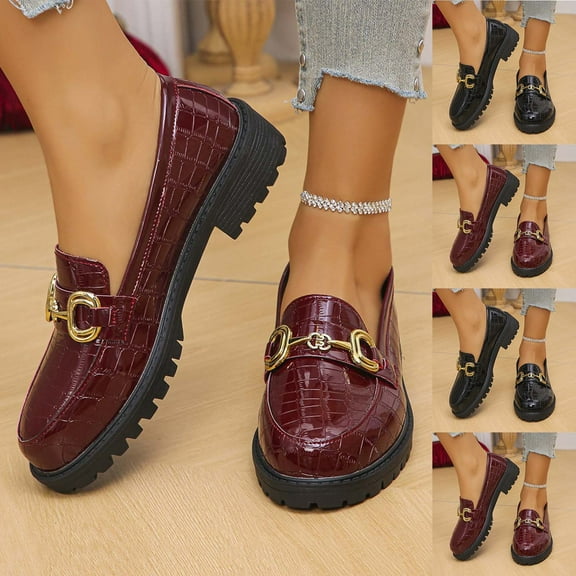 Miluxas Women's Chunky Platform Loafers with Chain or Buckle Patent Leather Black Penny Loafers Fashion office Shoes School Dress Shoes Comfort Slip-on Wine 8.5(42)