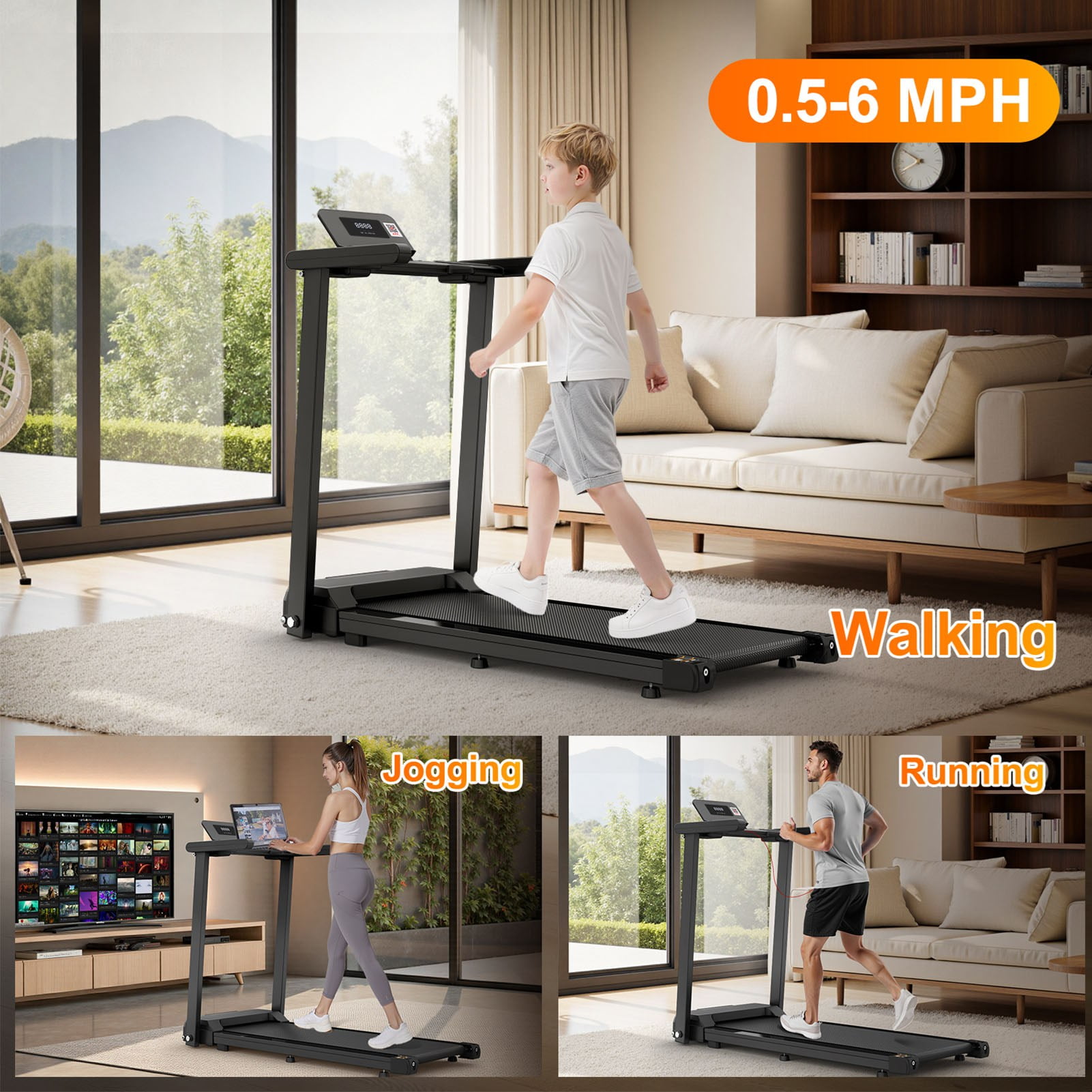 Folding Treadmill With Handles 2.5HP Foldable Treadmill With LED Display 300 LBS Capacity Running Machine For Home Small Spaces