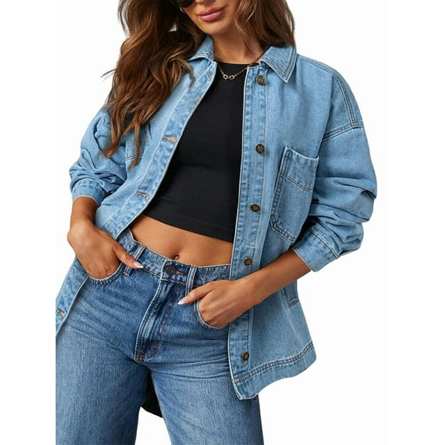 Jean Jacket for Women Distressed Long Sleeve Oversized Denim Trucker Jackets Coat Light Blue XXL