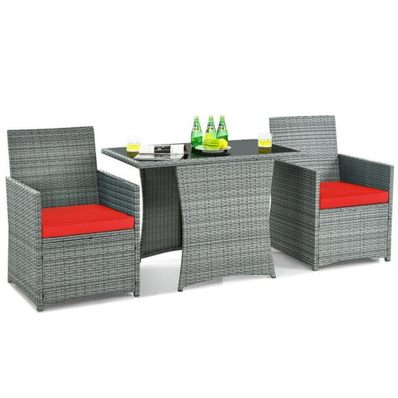 YYAo Patio Seating Sets,Outdoor Living Room Sets,3 Pieces Patio Rattan Furniture Set with Cushioned Armrest Sofa-Red