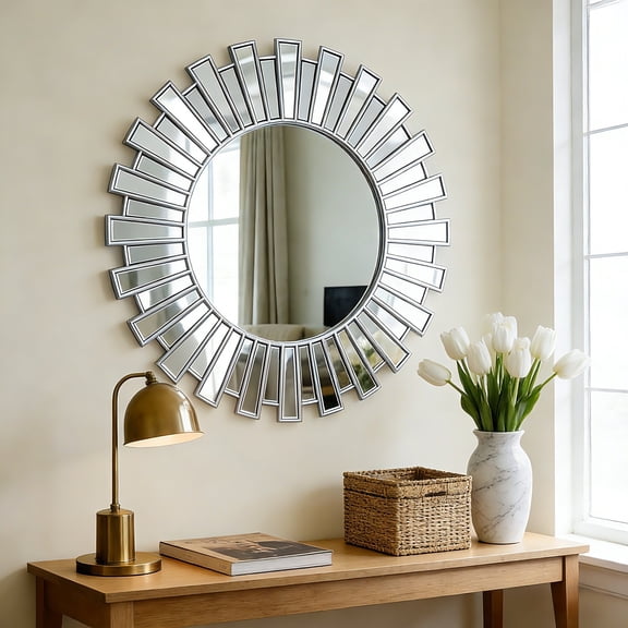 SHYFOY 24" Silver Sunburst Mirror, Round Wall Mirror for Home Decor