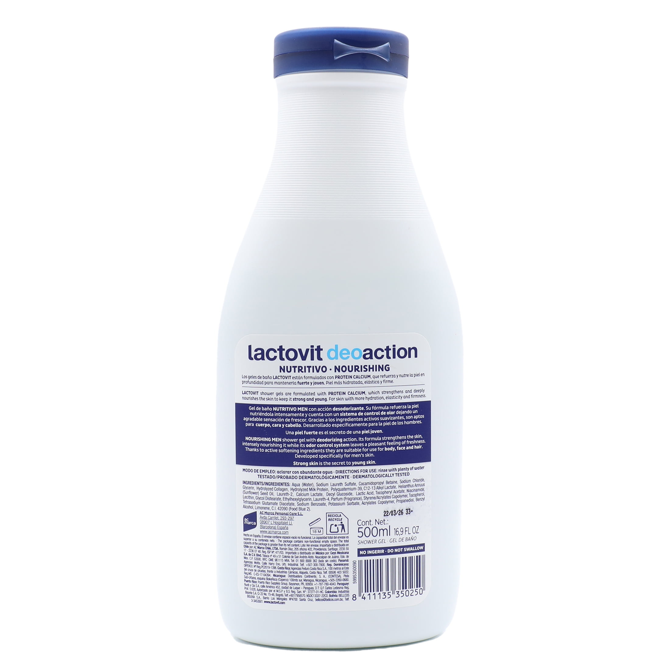 Lactovit Men 3 in 1 Shower Gel Deoaction for Normal to Dry Skin 500ml Bottle, Unscented