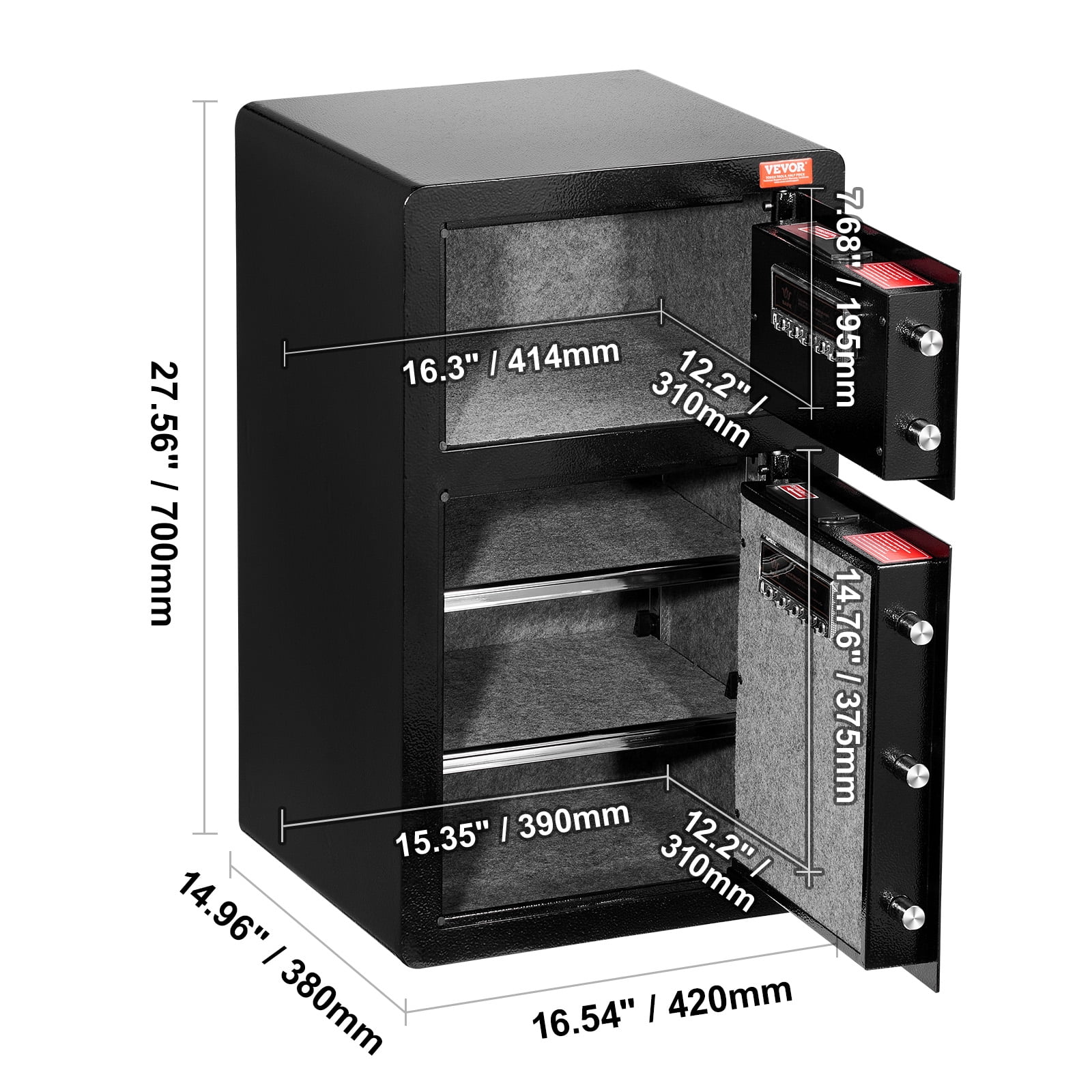 VEVOR Double Doors 4.5 cu.ft Safe Box with Key Lock & Password,Safe Lock Box with Fireproof Bag, Key Rack, LED Light and 2 Height Adjustable and Removable Divider for Money,Documents, Jewelry, Black