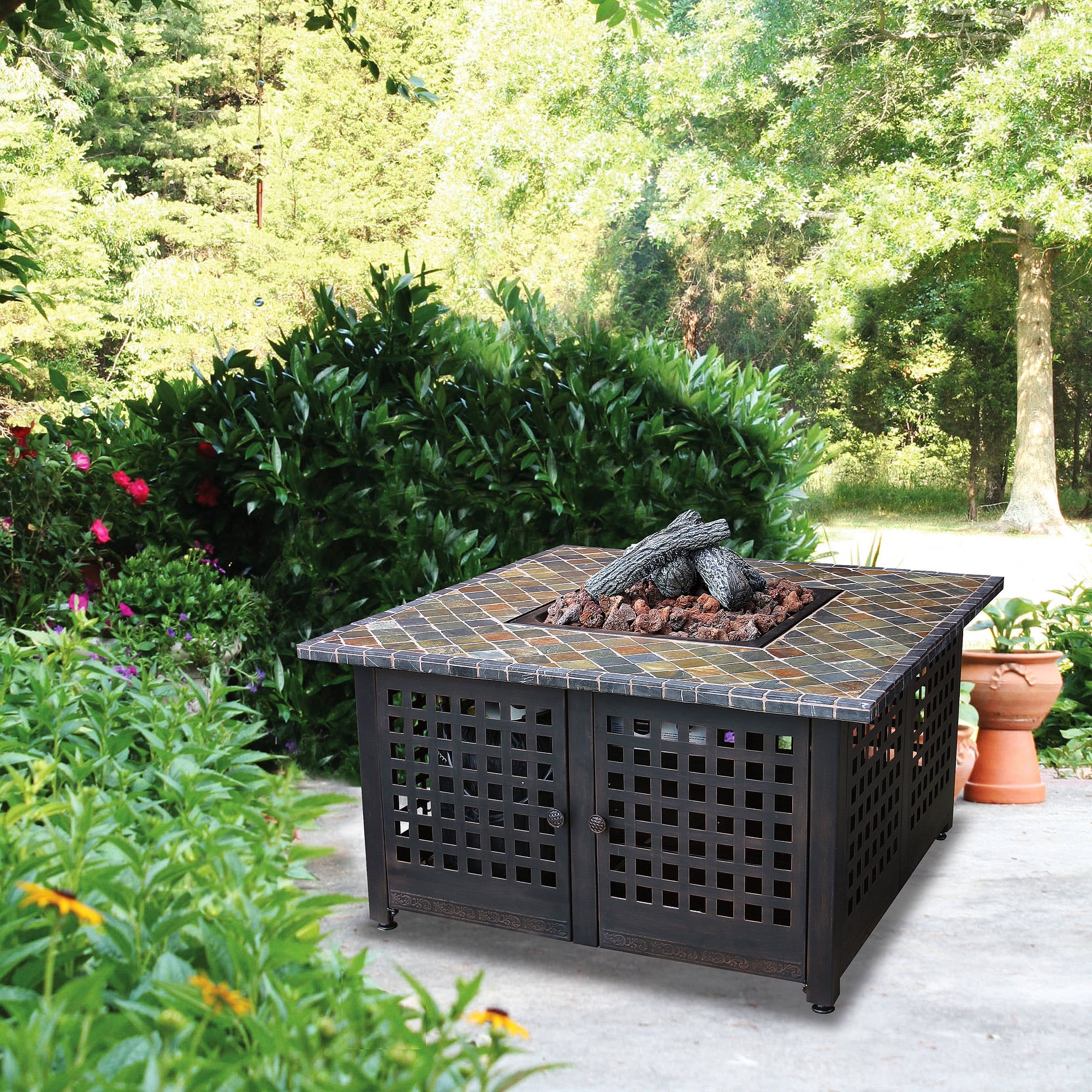 Square Lp Gas Fire Pit With Slate, Blue Rhino Uniflame Lp Gas Outdoor Fire Pit
