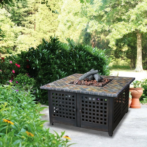 Square Lp Gas Fire Pit With Slate, Lp Gas Outdoor Fire Pit With Aluminum Mantel