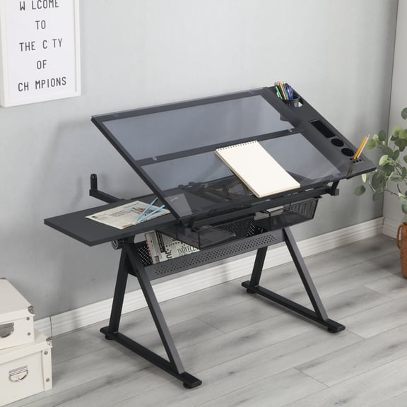 Lisonu Adjustable Drafting Table 0-75° Glass Top Artist Desk, Height 31.5-49.5 in with Steel Frame, 2 Metal Drawers & Supply Tray for Drafting, Sketching & Design (Black)