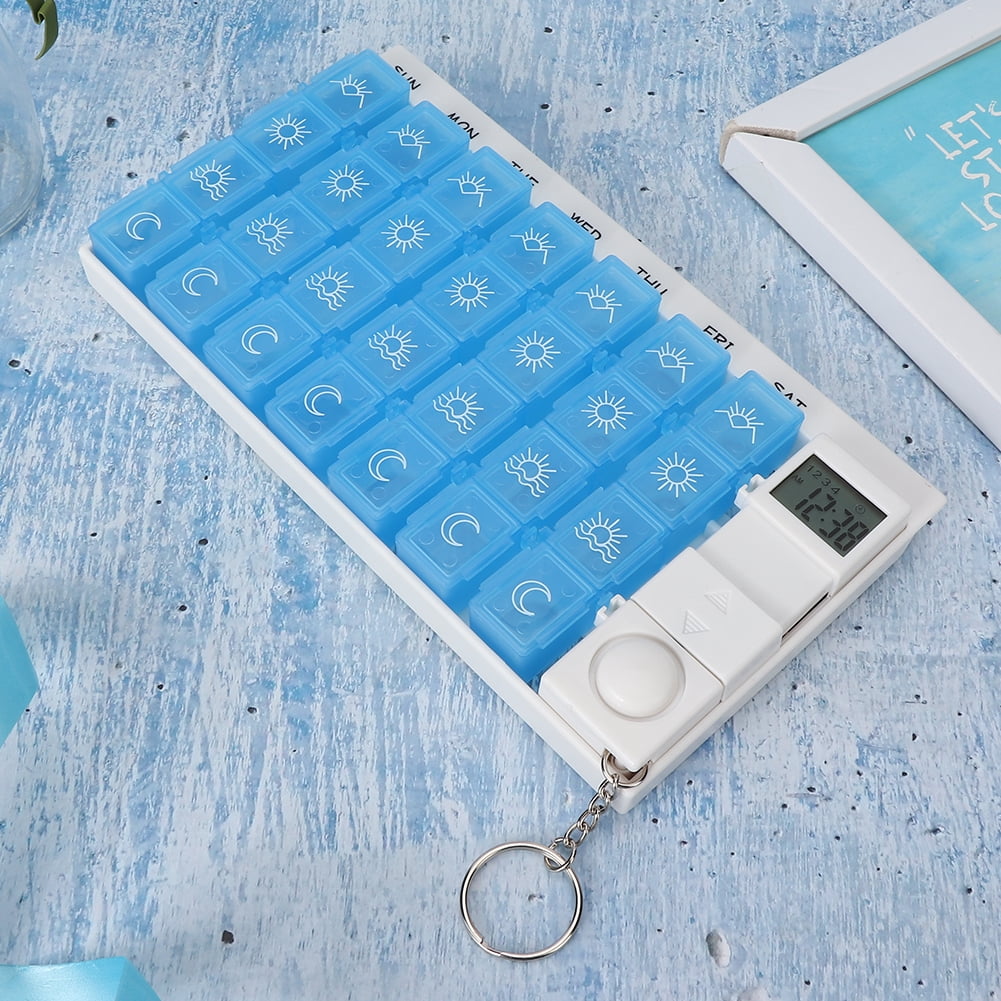 Pills Case Pills Organizer Medicine Storage Box 28 Grids Weekly Portable Medicine Tablet Pills Candy Storage Box Organizer Case With RemiderBlue