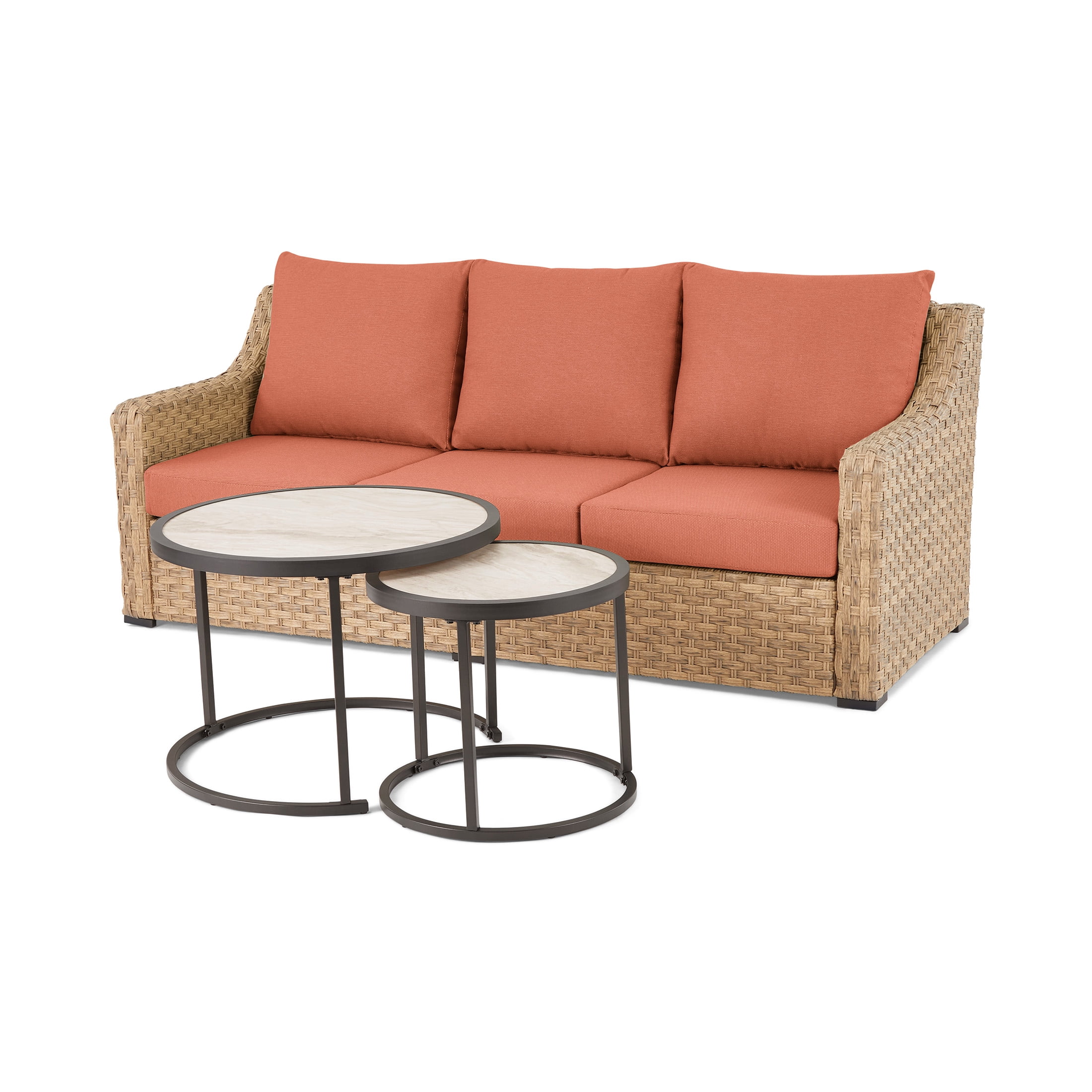 Better Homes & Gardens River Oaks Outdoor Sofa & 2 Nesting Tables with Patio Cover, Red