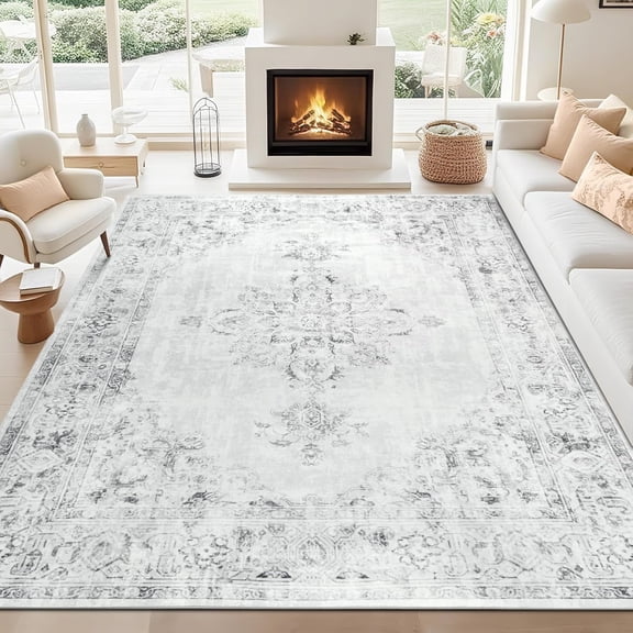 Area Rug 5x7, Washable Rug for Living Room, Large Area Rugs for Bedroom, Vintage Rug 5x7 for Dining Room, Non Slip Soft Low Pile Indoor Carpet for Kitchen, Nursery, Office, Farmhouse, Light Grey