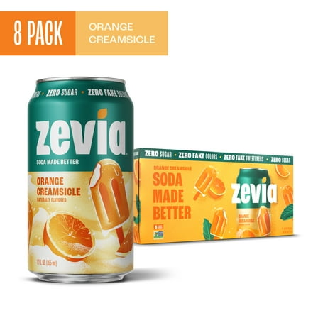 Zevia Zero Sugar, 0 Calorie Orange Creamsicle Soda Pop, 12 fl oz, 8 Pack