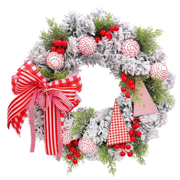 Artificial Christmas Wreath with Decorative Ribbon Peppermint Ornaments and Berry Accents for Indoor Outdoor Holiday Display,Christmas Party Gifts And Decor
