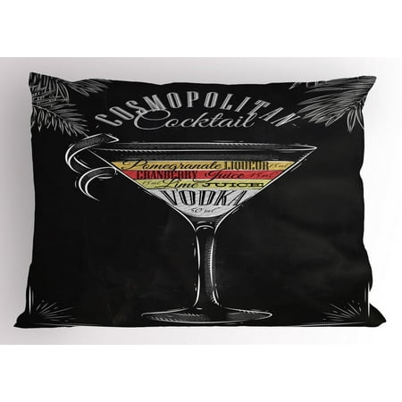 Alcohol Pillow Sham, Vintage Style Cosmopolitan Cocktail and Recipe Stylized Chalk-Like Drawing Print, Decorative Standard Size Printed Pillowcase, 26 X 20 Inches, Multicolor, by