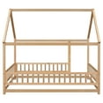 thumbnail image 6 of Modern Full Floor Bed with Wooden House Roof Frame, Floor Bed Frame with Safety Fence Guardrails, Floor Bed for Kids, Children, Boys, Girls, Natural, 6 of 9