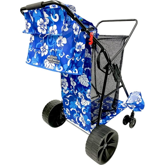 Beach Cart Deluxe Heavy Duty Folding Ocean Utility Large Sand Wheels Holds 4 Folding Chairs Umbrella Holder Removable Storage Bag – Premium Flower Pattern
