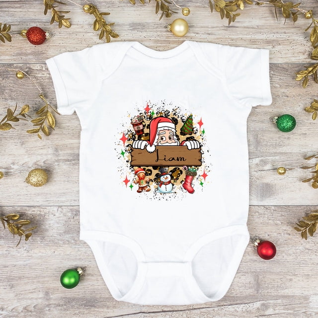 Body de bebé navideño personalizado, mono navideño infantil con estampado de Papá Noel y nombre, trajes de fiesta para recién nacidos